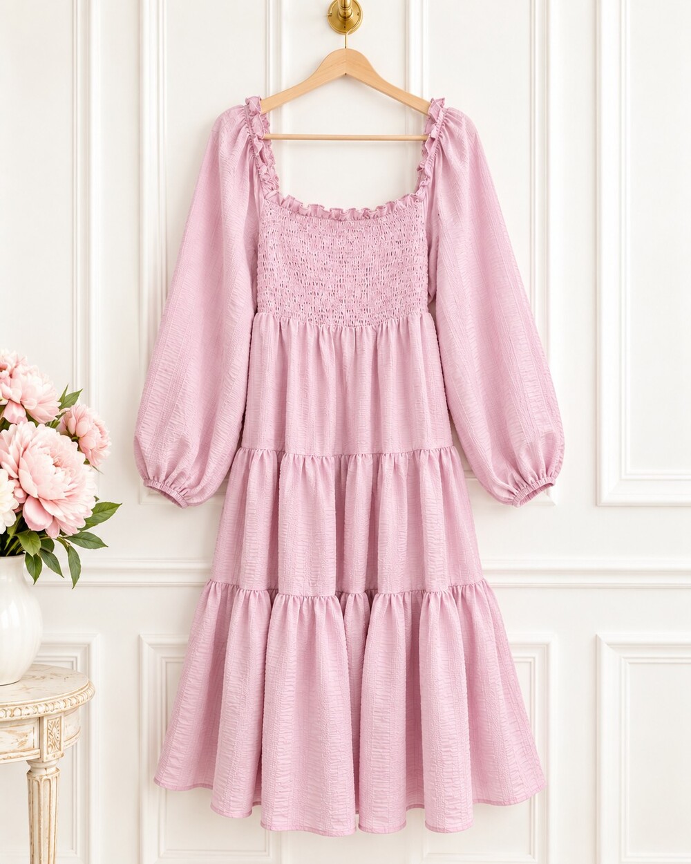 NWT Urban Outfitters Pink Smocked Tiered Midi Dress | Cottagecore | Size Large - Picture 5 of 9